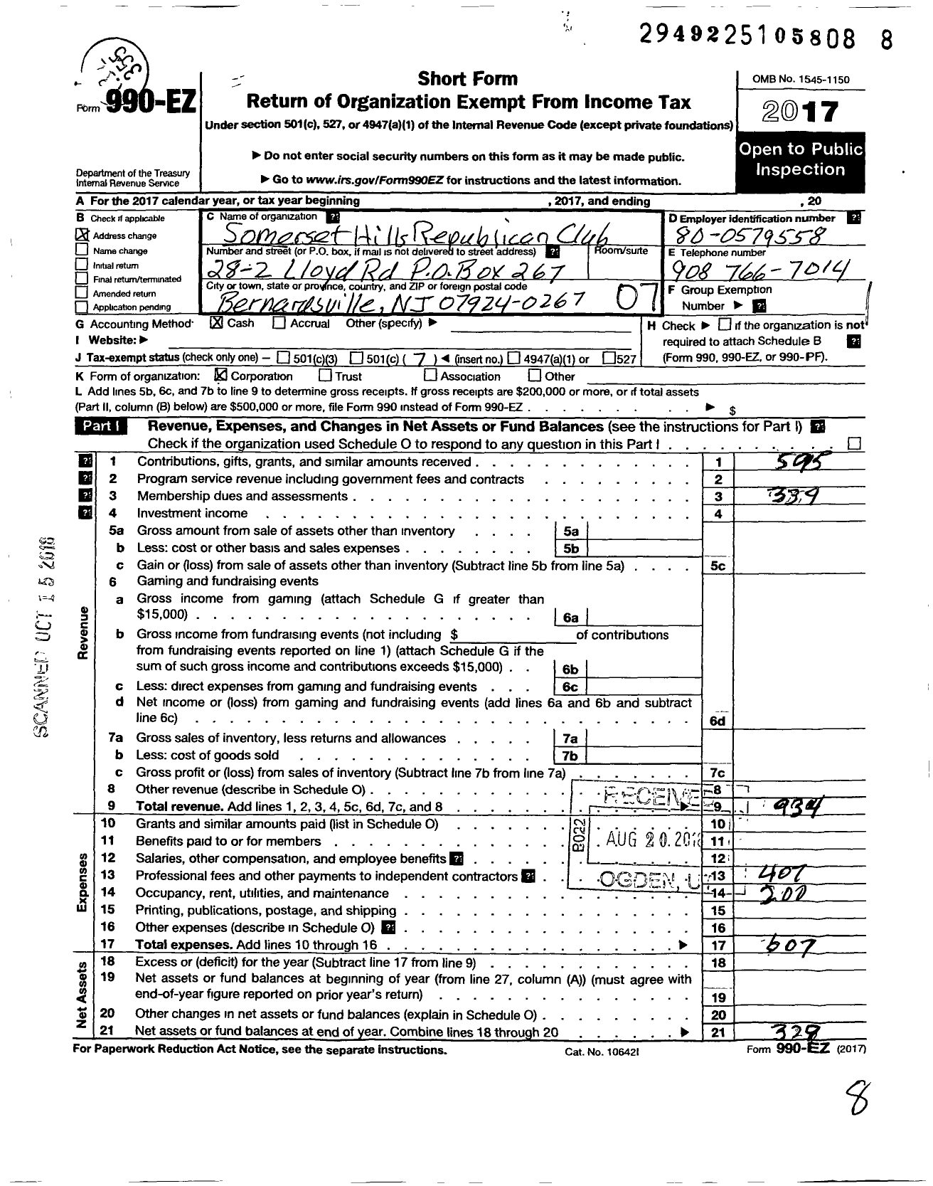 Image of first page of 2017 Form 990EO for Somerset Hills Republican Club