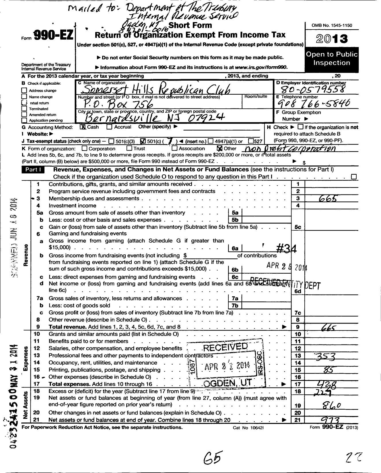 Image of first page of 2013 Form 990EO for Somerset Hills Republican Club