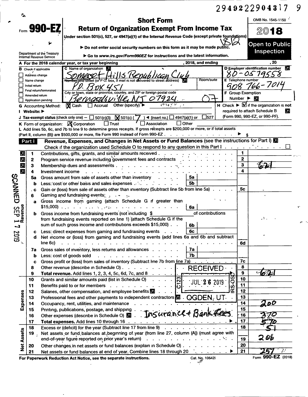 Image of first page of 2018 Form 990EO for Somerset Hills Republican Club