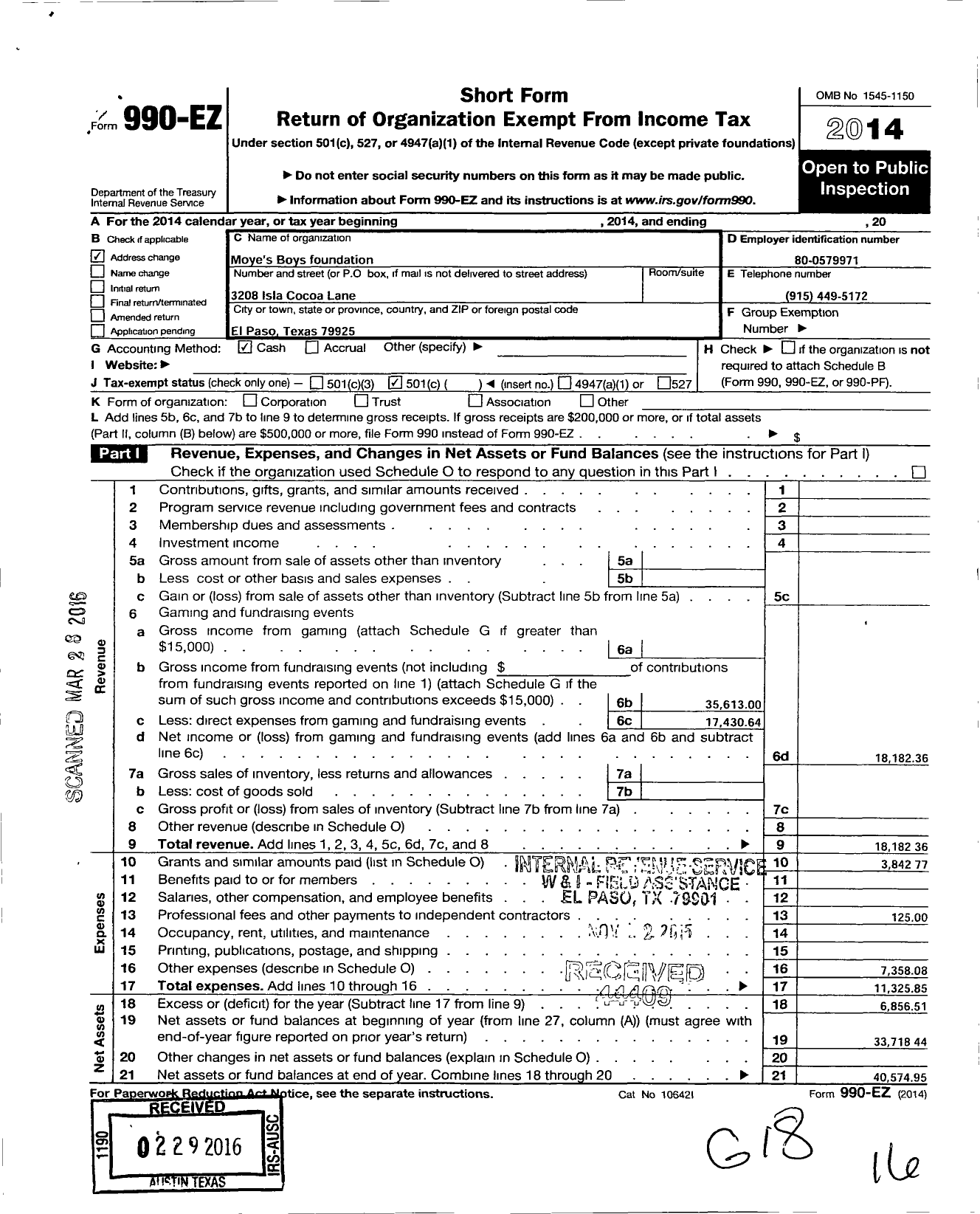 Image of first page of 2014 Form 990EO for H R Moye Foundation