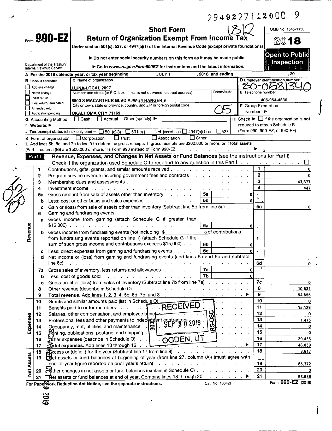 Image of first page of 2018 Form 990EO for Laborers' International Union of North America - 2097 Local Union