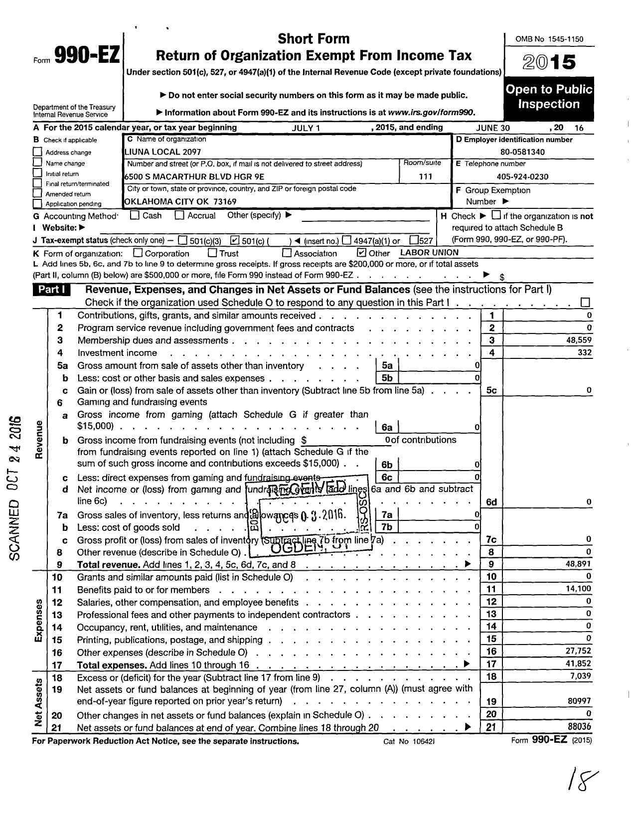 Image of first page of 2015 Form 990EO for Laborers' International Union of North America - 2097 Local Union