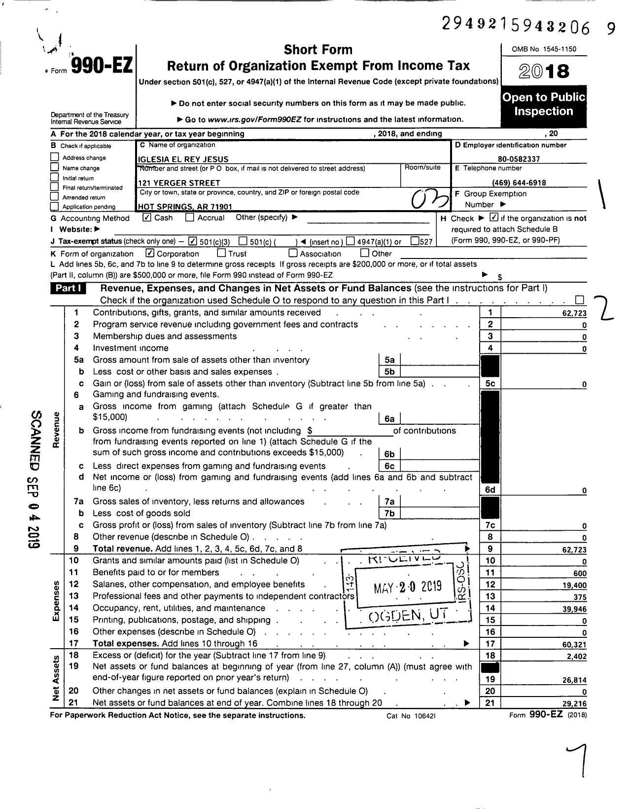 Image of first page of 2018 Form 990EZ for Iglesia El Rey Jesus