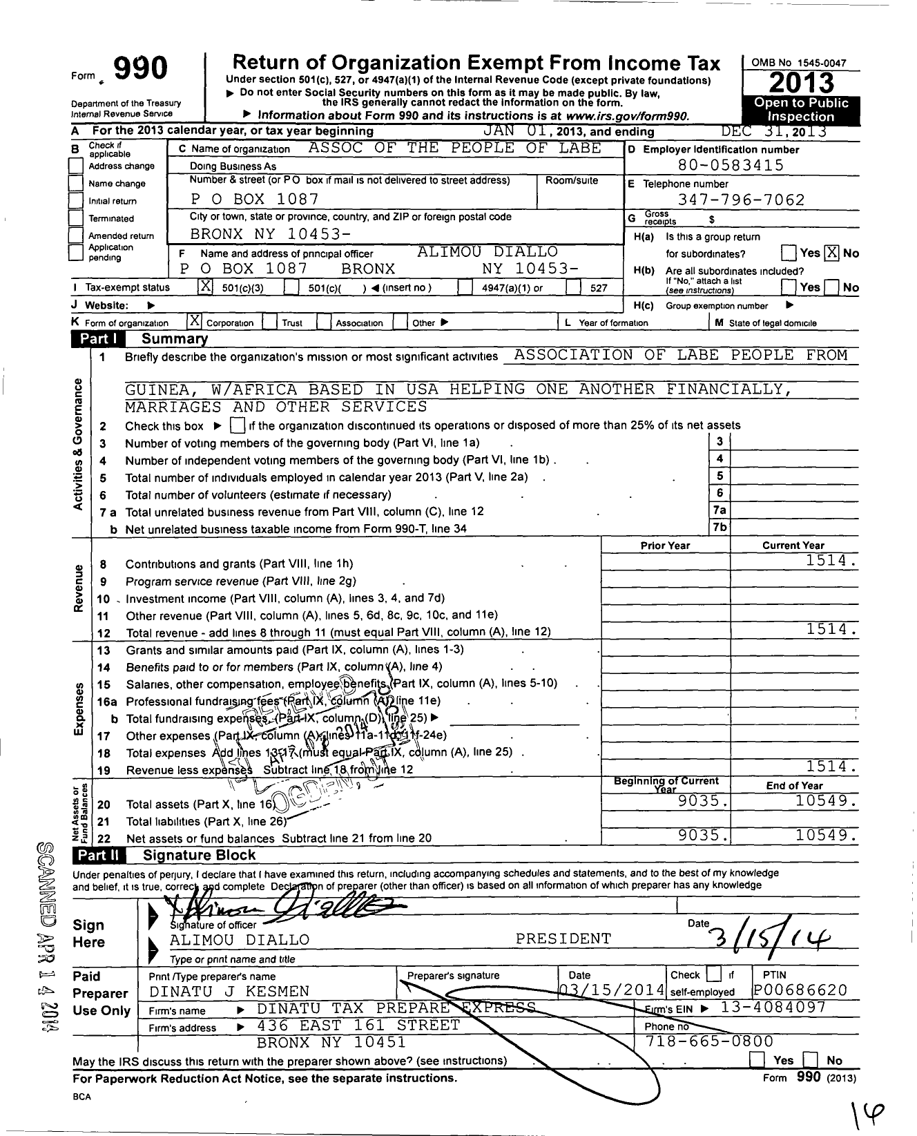 Image of first page of 2013 Form 990 for Association of the People of Labe USA
