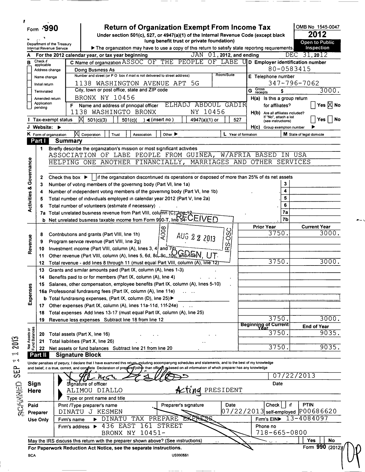 Image of first page of 2012 Form 990 for Association of the People of Labe USA