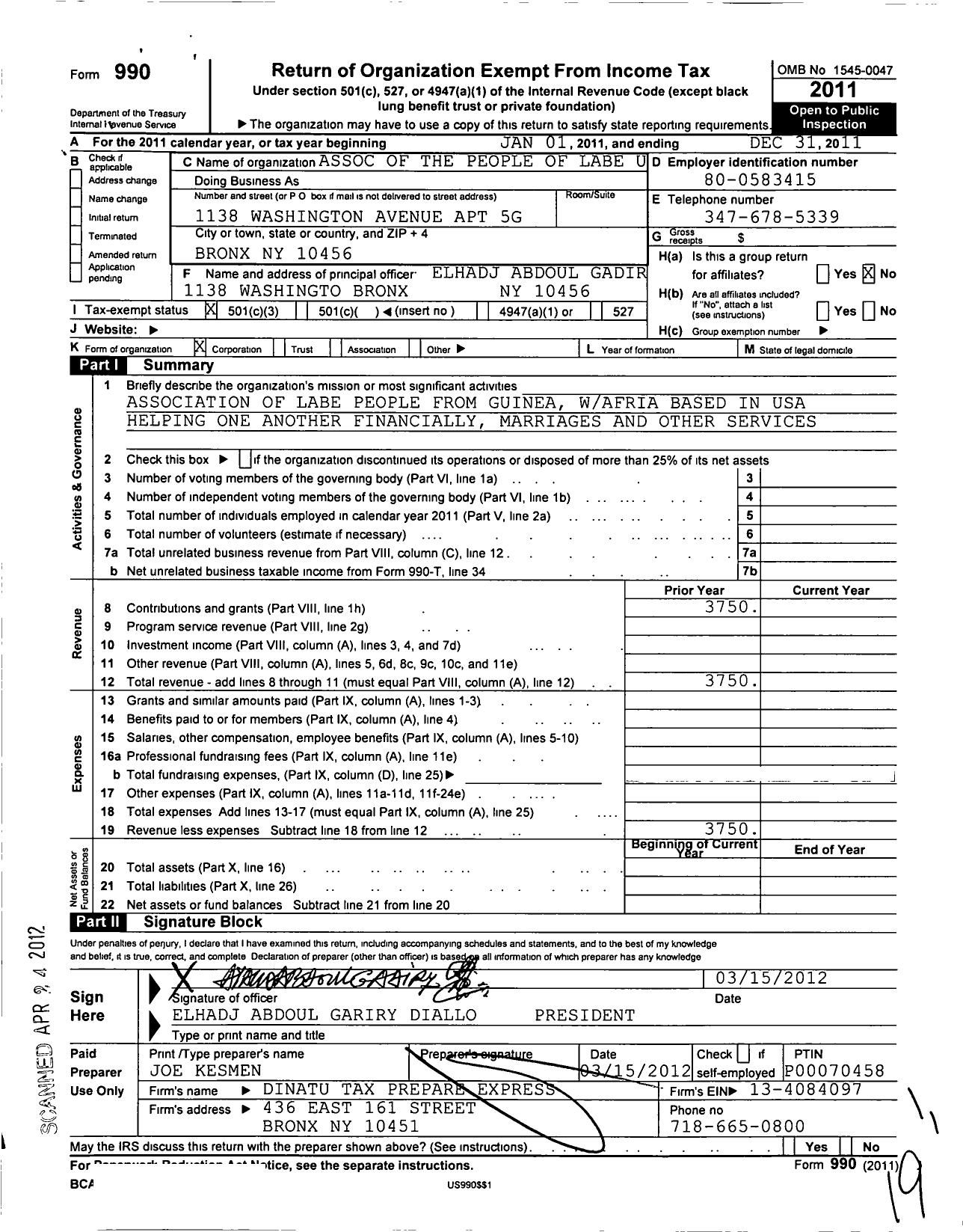 Image of first page of 2011 Form 990 for Association of the People of Labe USA