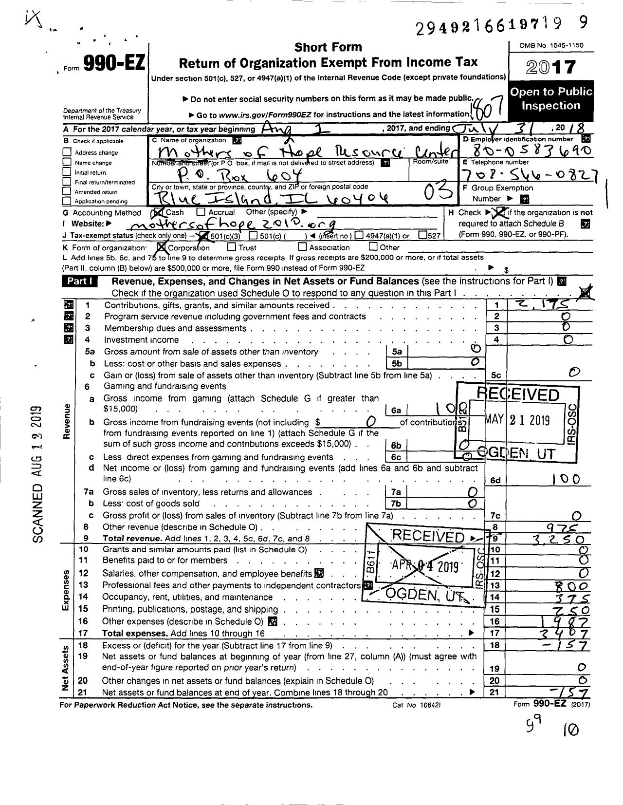 Image of first page of 2017 Form 990EZ for Mothers of Hope Resource Center NFP