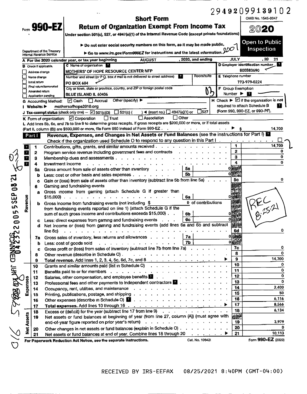 Image of first page of 2019 Form 990EZ for Mothers of Hope Resource Center NFP