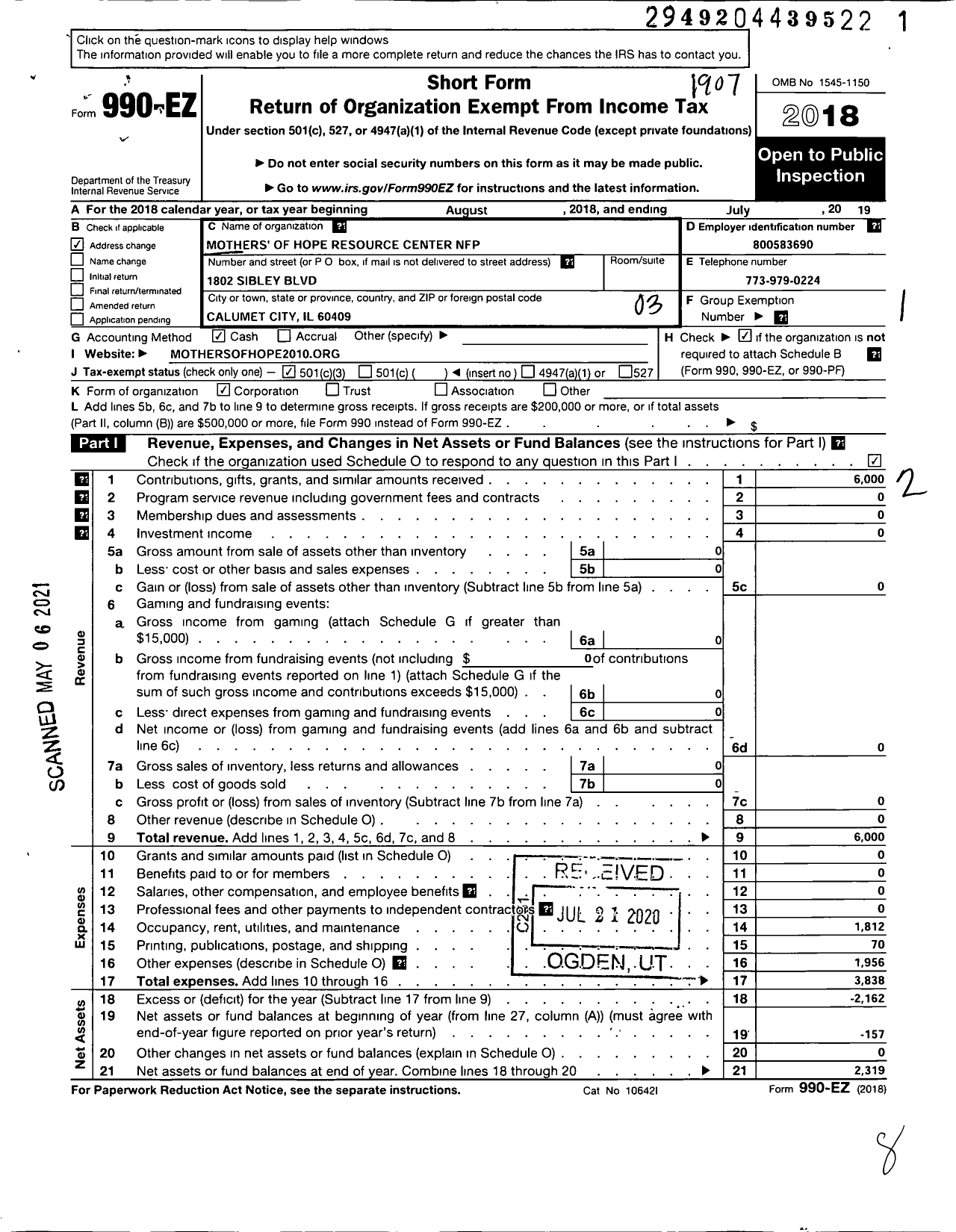 Image of first page of 2018 Form 990EZ for Mothers of Hope Resource Center NFP