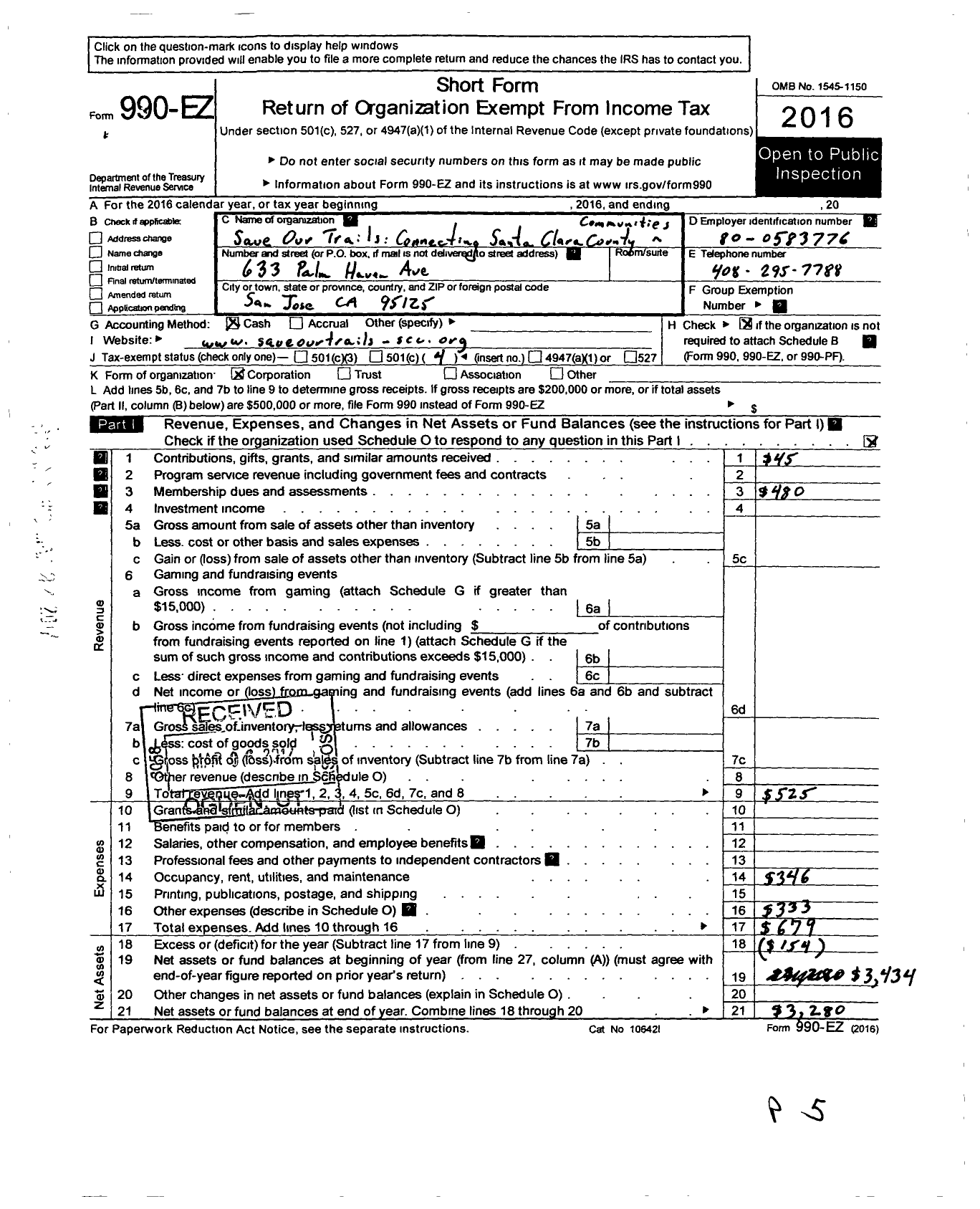 Image of first page of 2016 Form 990EO for Save Our Trails Connecting Santa Clara County Communites
