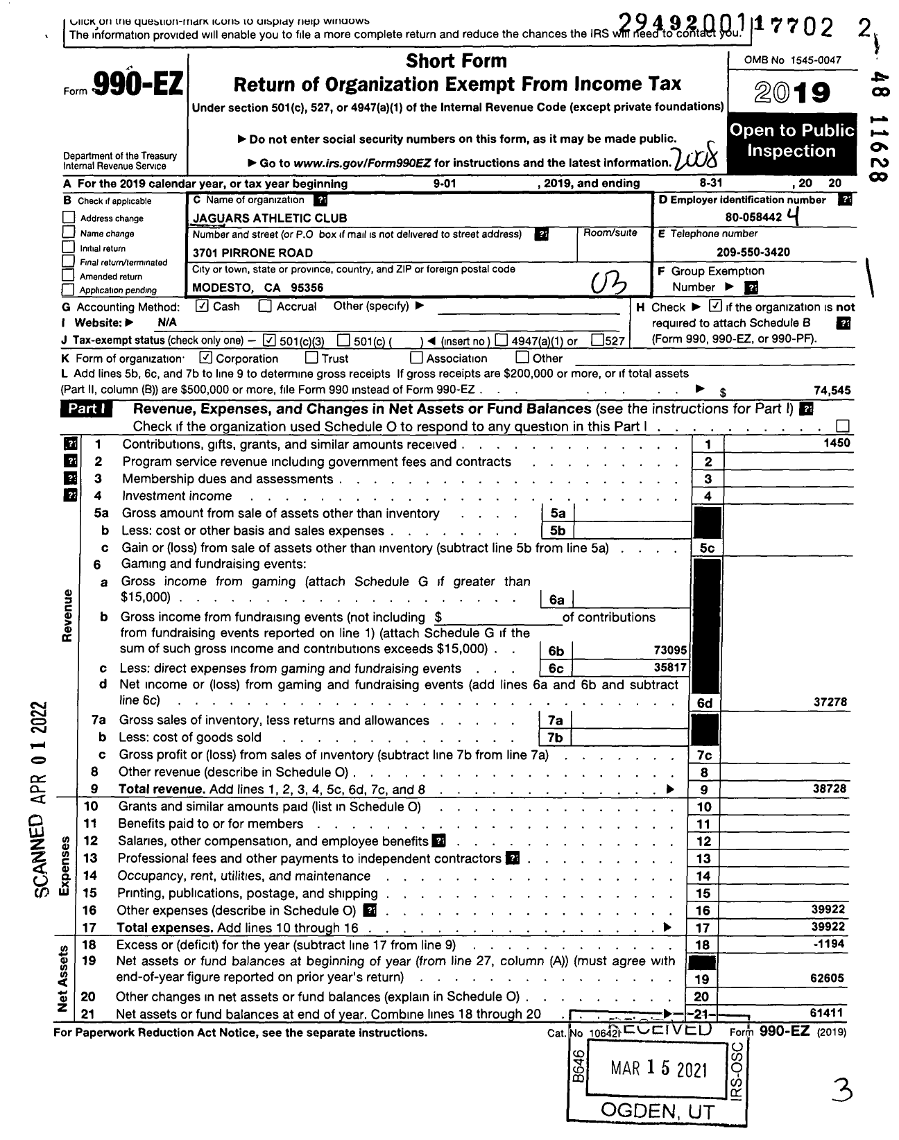 Image of first page of 2019 Form 990EZ for Jaguars Athletic Club