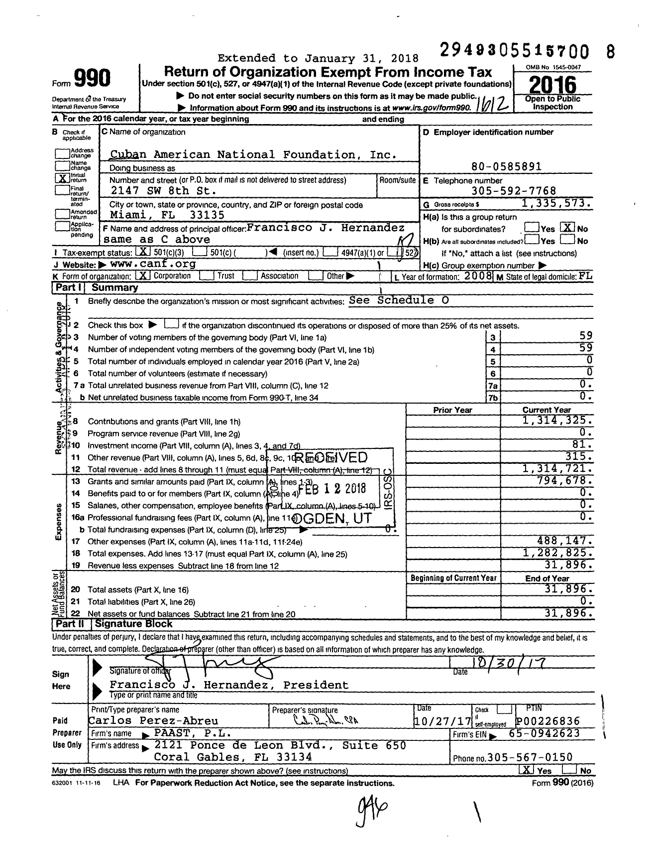 Image of first page of 2016 Form 990 for Cuban American National Foundation