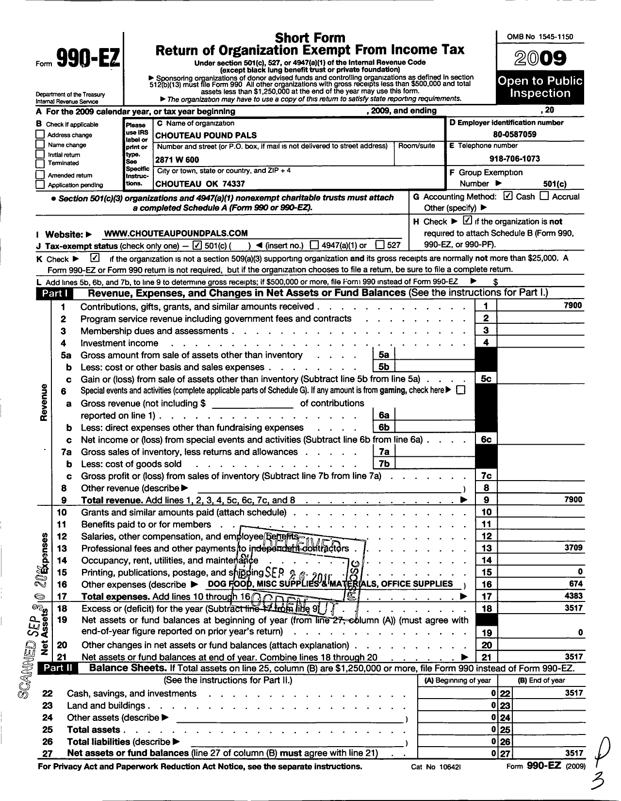 Image of first page of 2009 Form 990EO for Chouteau Pound Pals