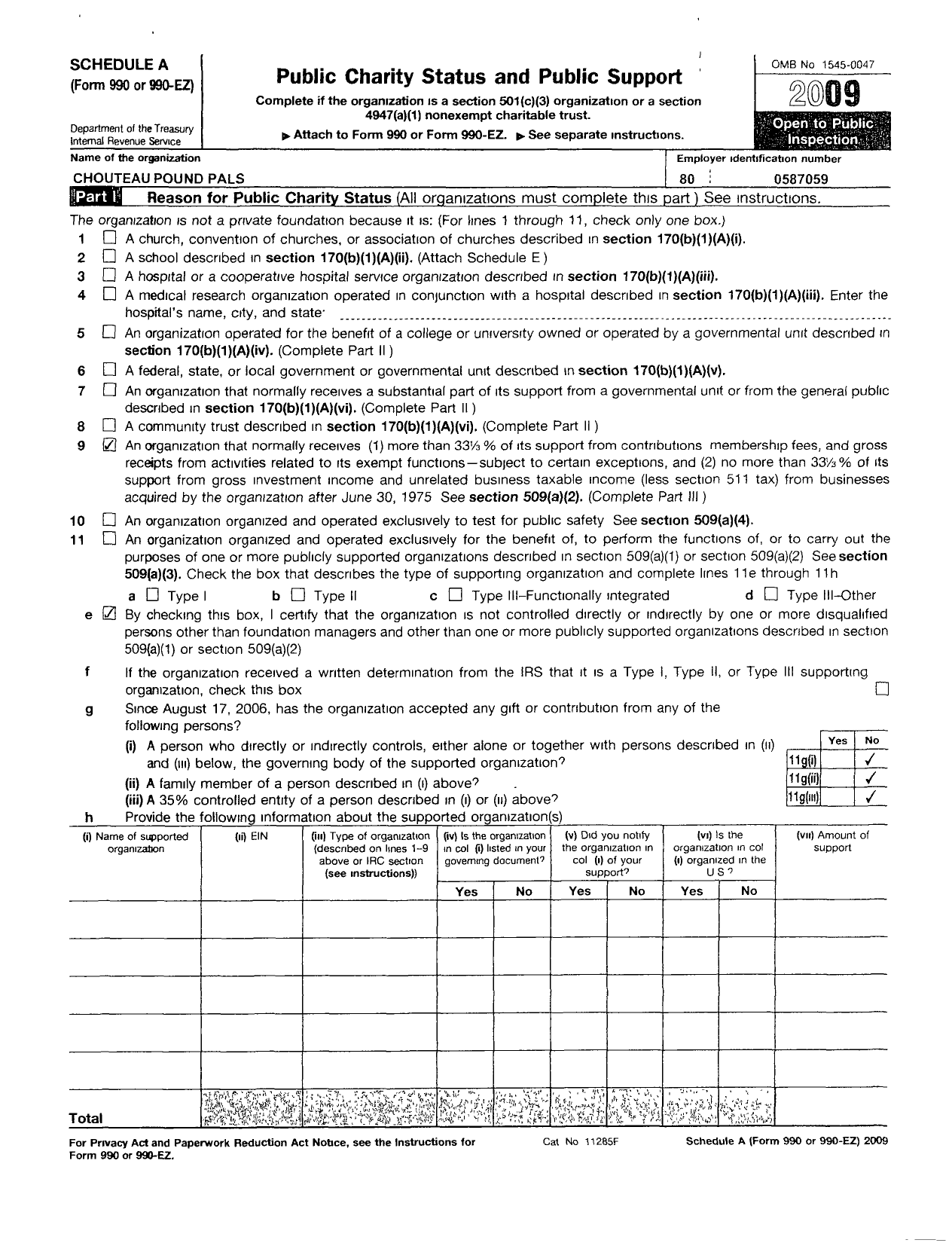 Image of first page of 2009 Form 990ER for Chouteau Pound Pals