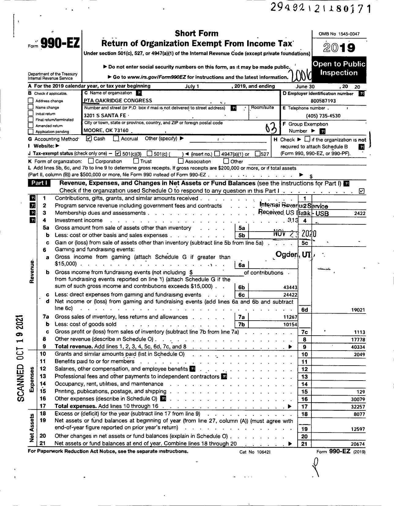 Image of first page of 2019 Form 990EZ for PTA Oklahoma Congress / Oakridge