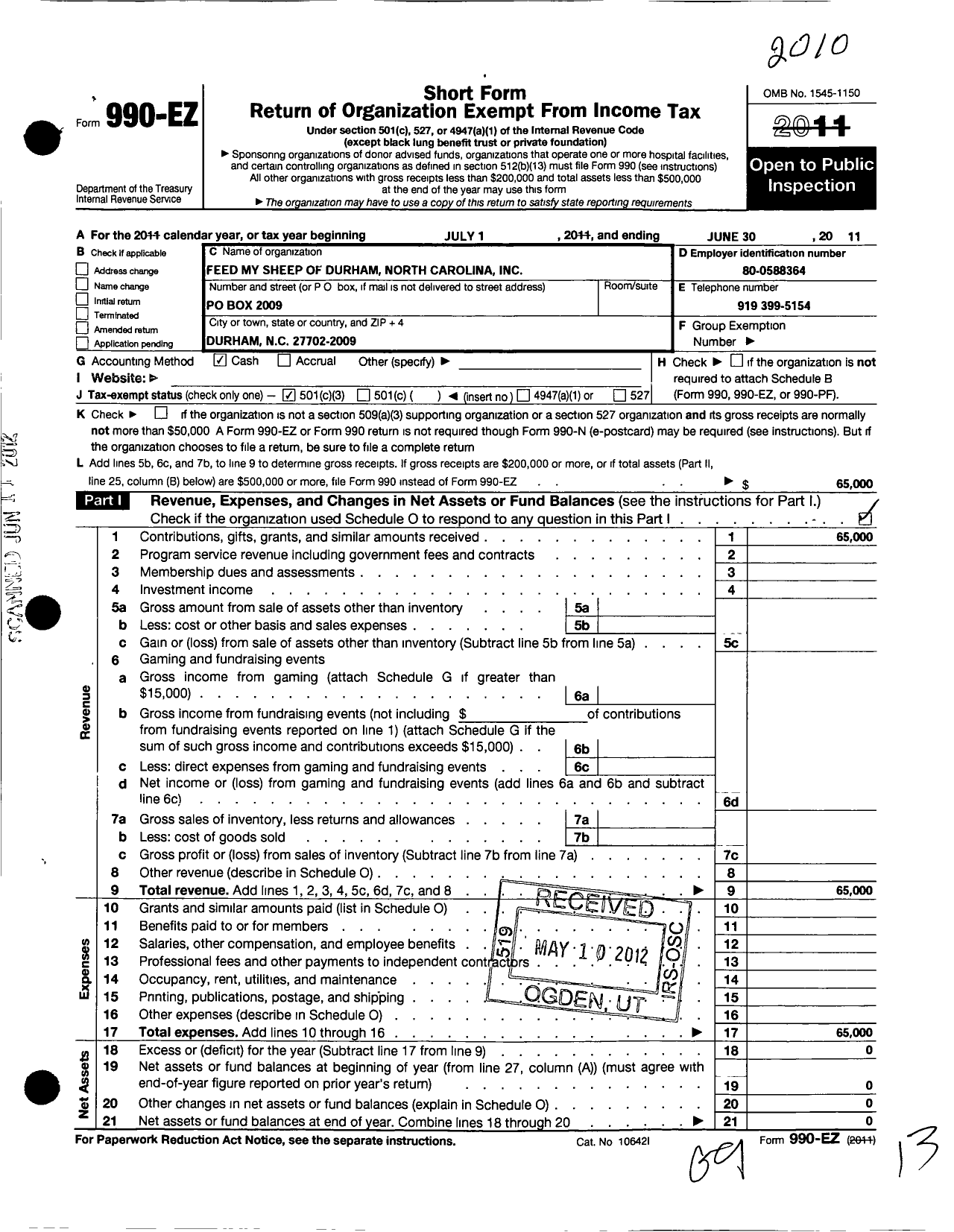 Image of first page of 2010 Form 990EZ for Feed My Sheep of Durham North Carolina