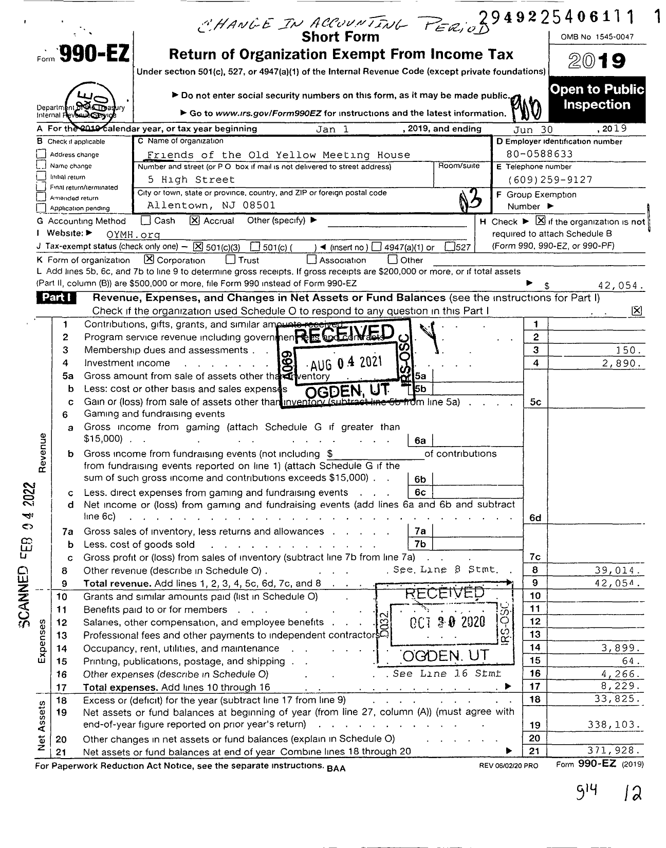 Image of first page of 2018 Form 990EZ for Friends of the Old Yellow Meeting House