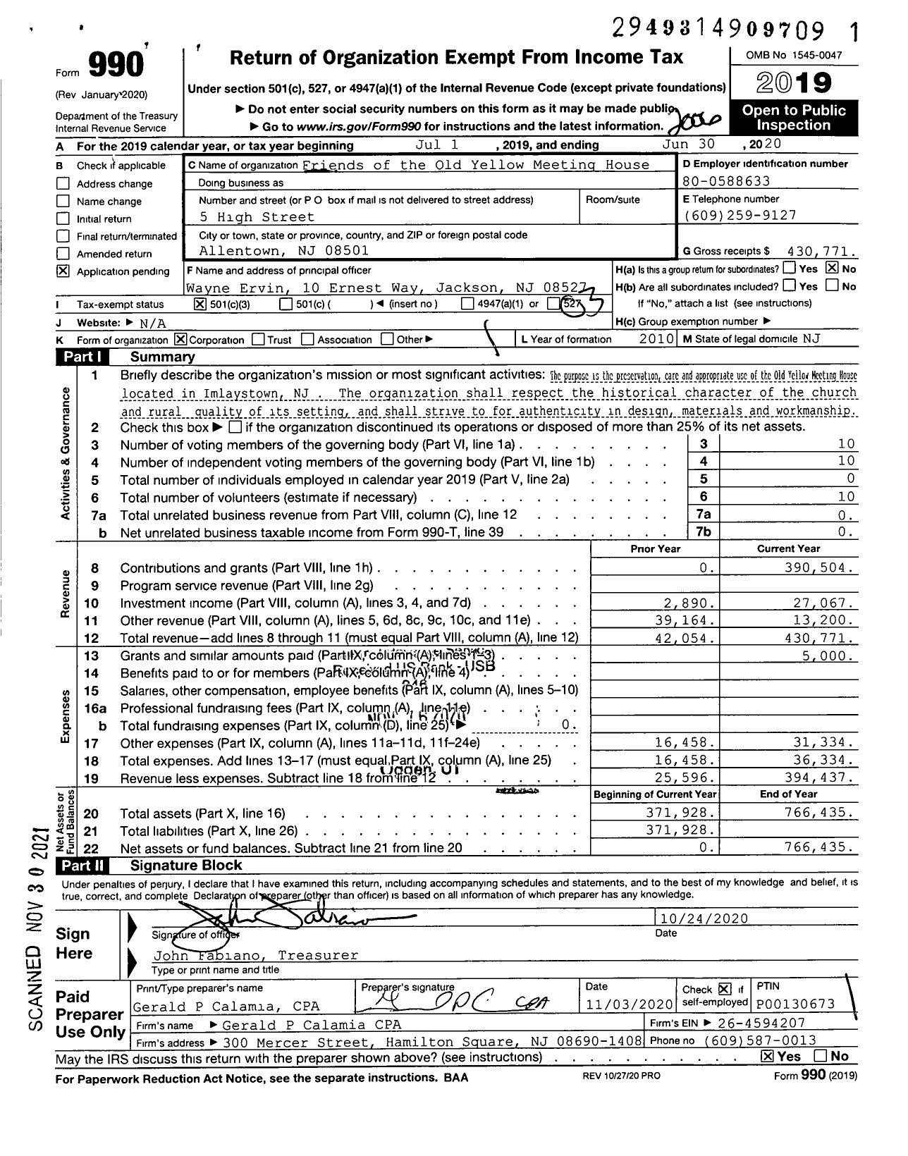 Image of first page of 2019 Form 990 for Friends of the Old Yellow Meeting House