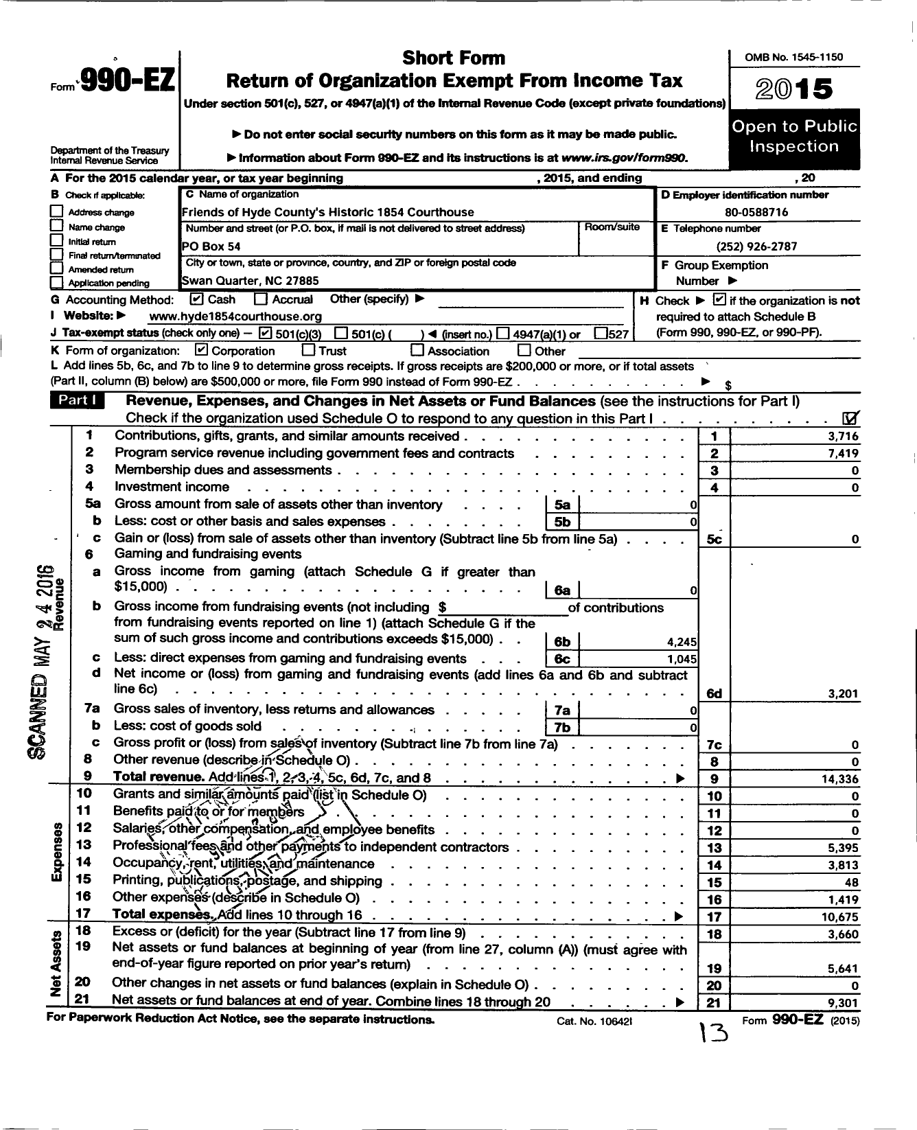 Image of first page of 2015 Form 990EZ for Friends of Hyde Countys Historic 1854 Courthouse