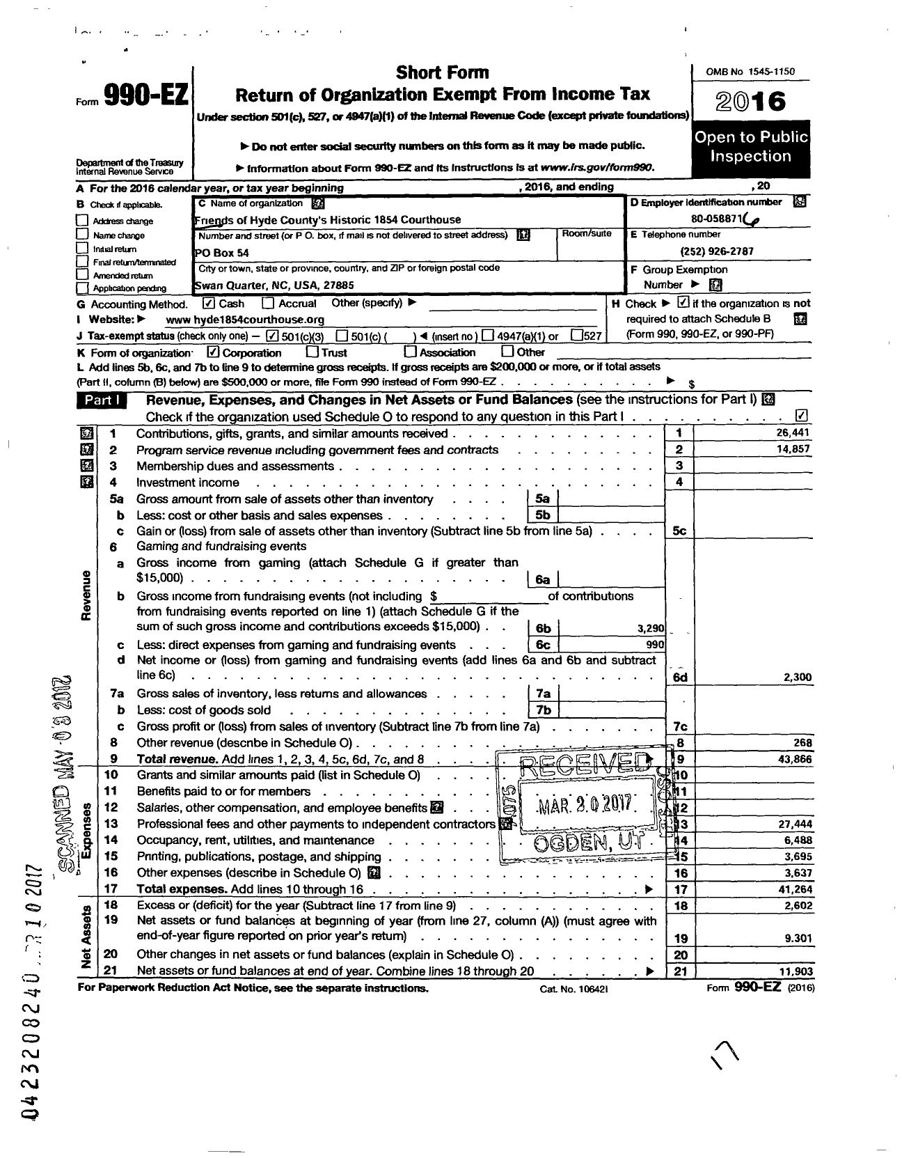 Image of first page of 2016 Form 990EZ for Friends of Hyde Countys Historic 1854 Courthouse