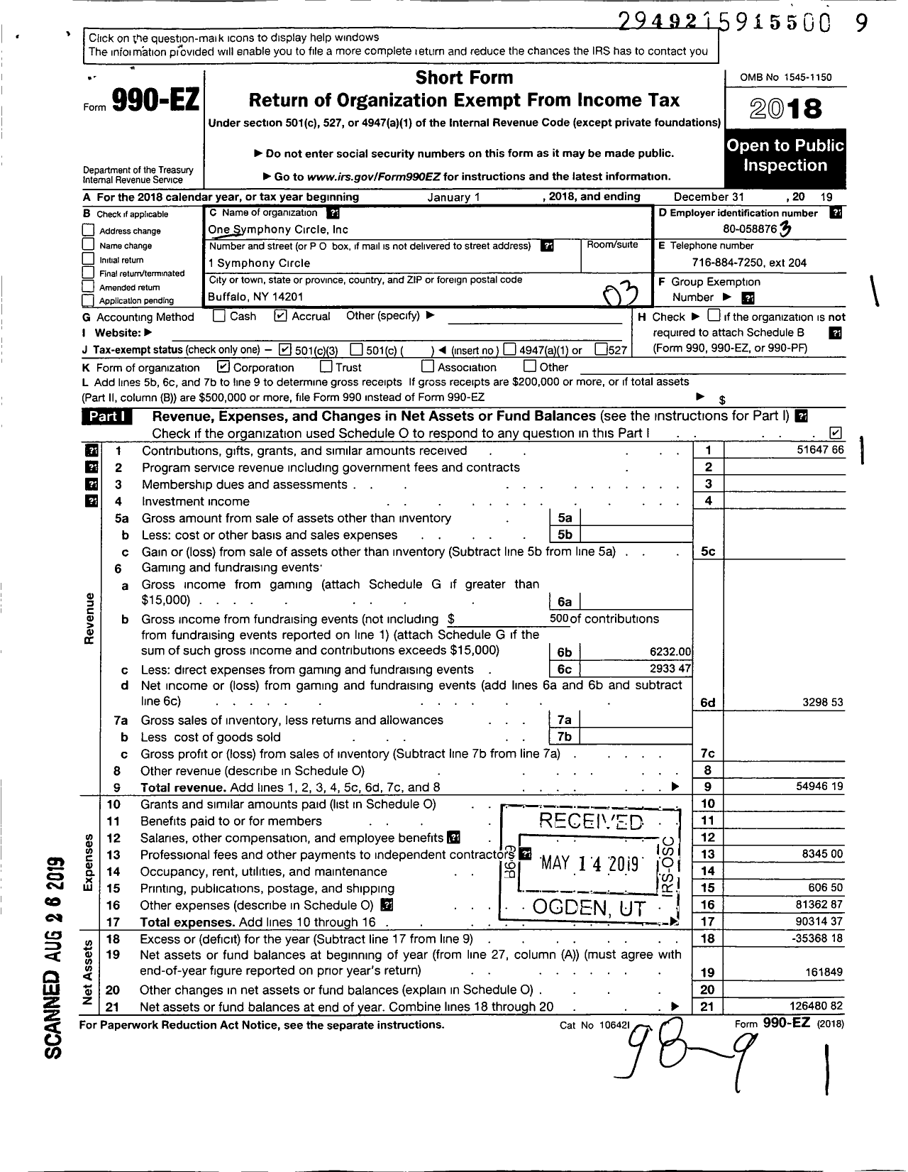 Image of first page of 2019 Form 990EZ for One Symphony Circle