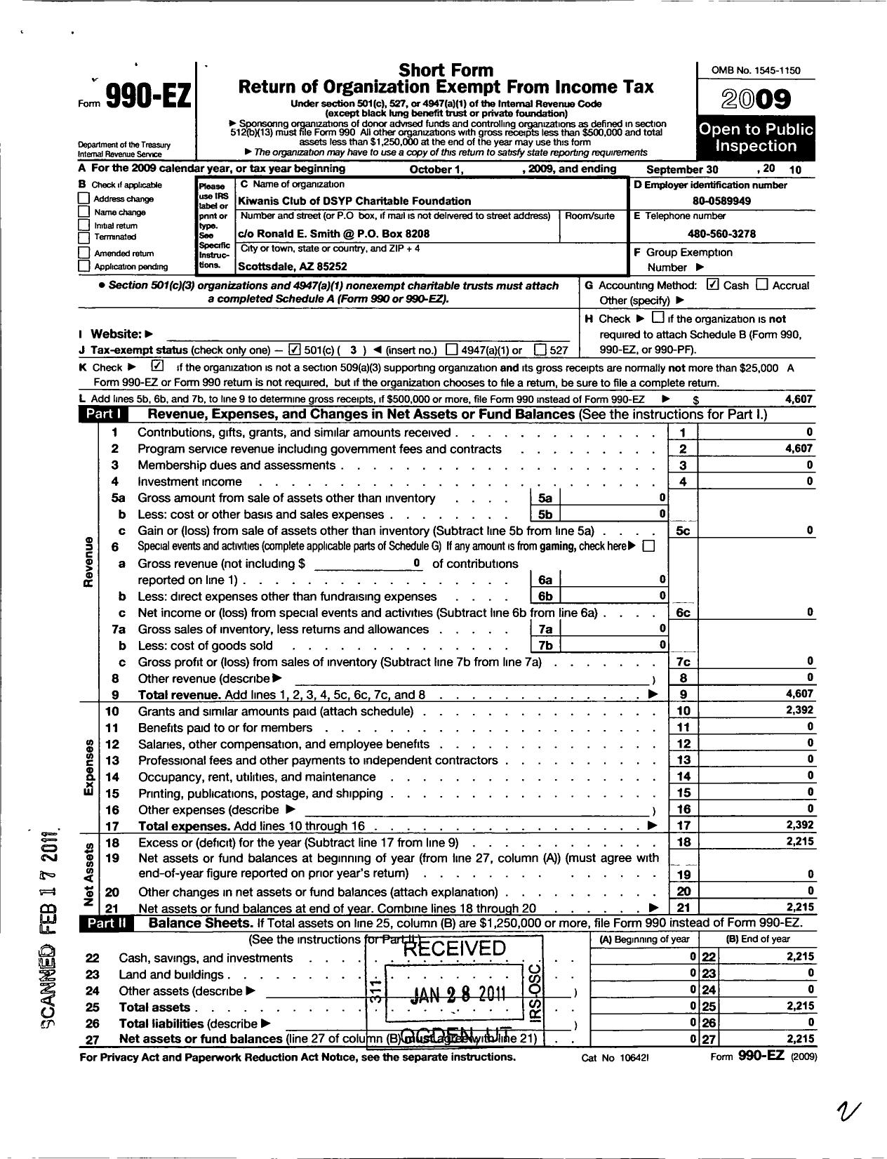 Image of first page of 2009 Form 990EZ for Kiwanis Club of DSYP Charitable Foundation