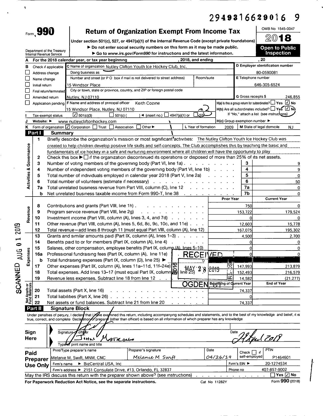 Image of first page of 2018 Form 990 for Nutley Clifton Youth Ice Hockey Club