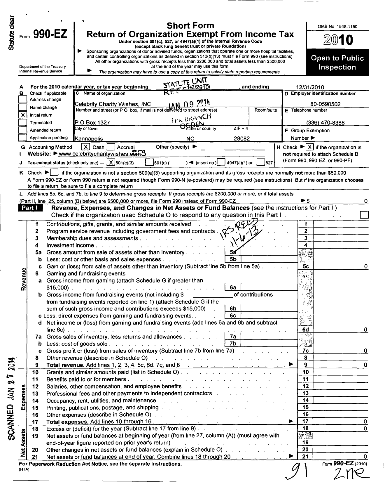 Image of first page of 2010 Form 990EZ for Celebrity Charity Wishes