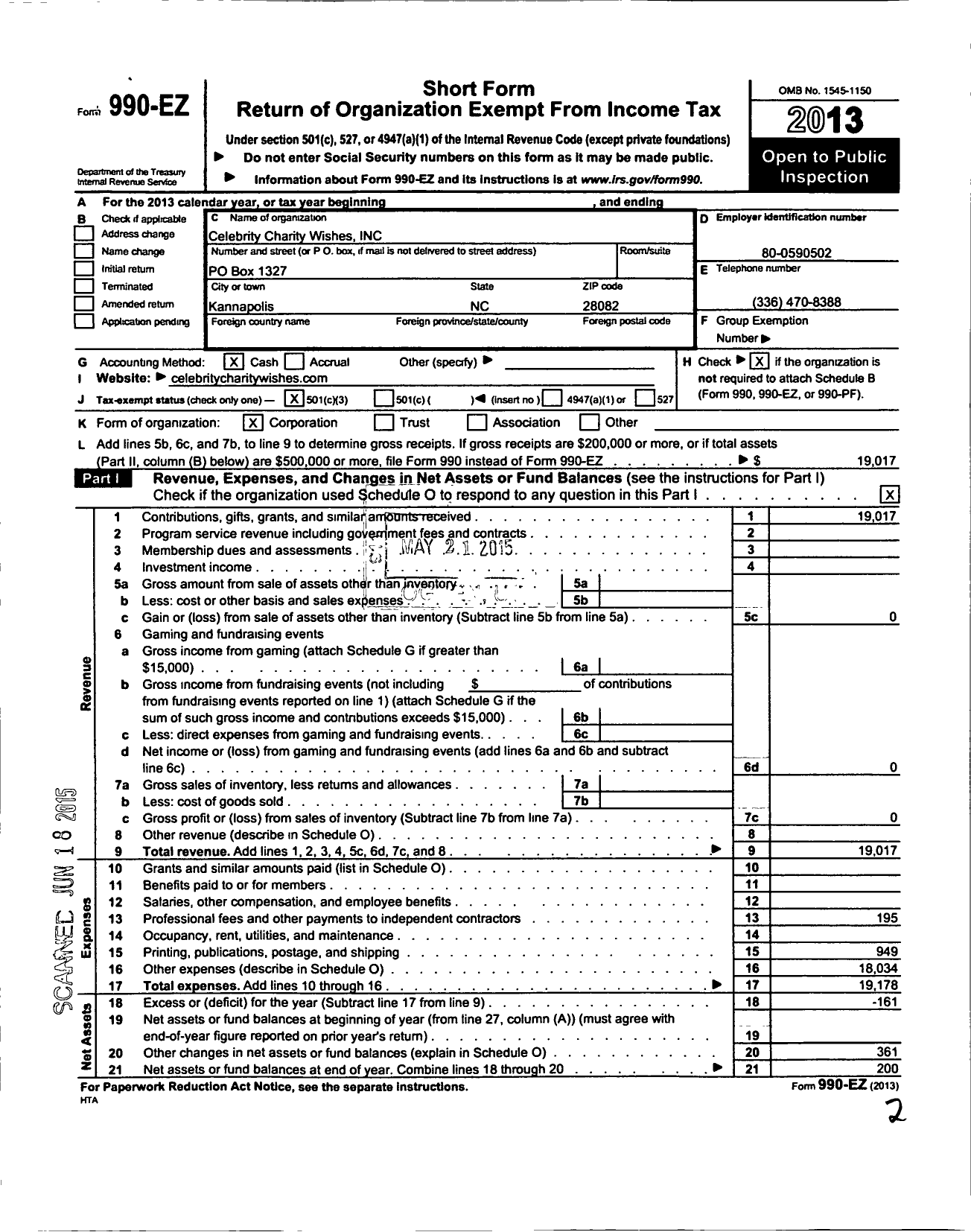 Image of first page of 2013 Form 990EZ for Celebrity Charity Wishes