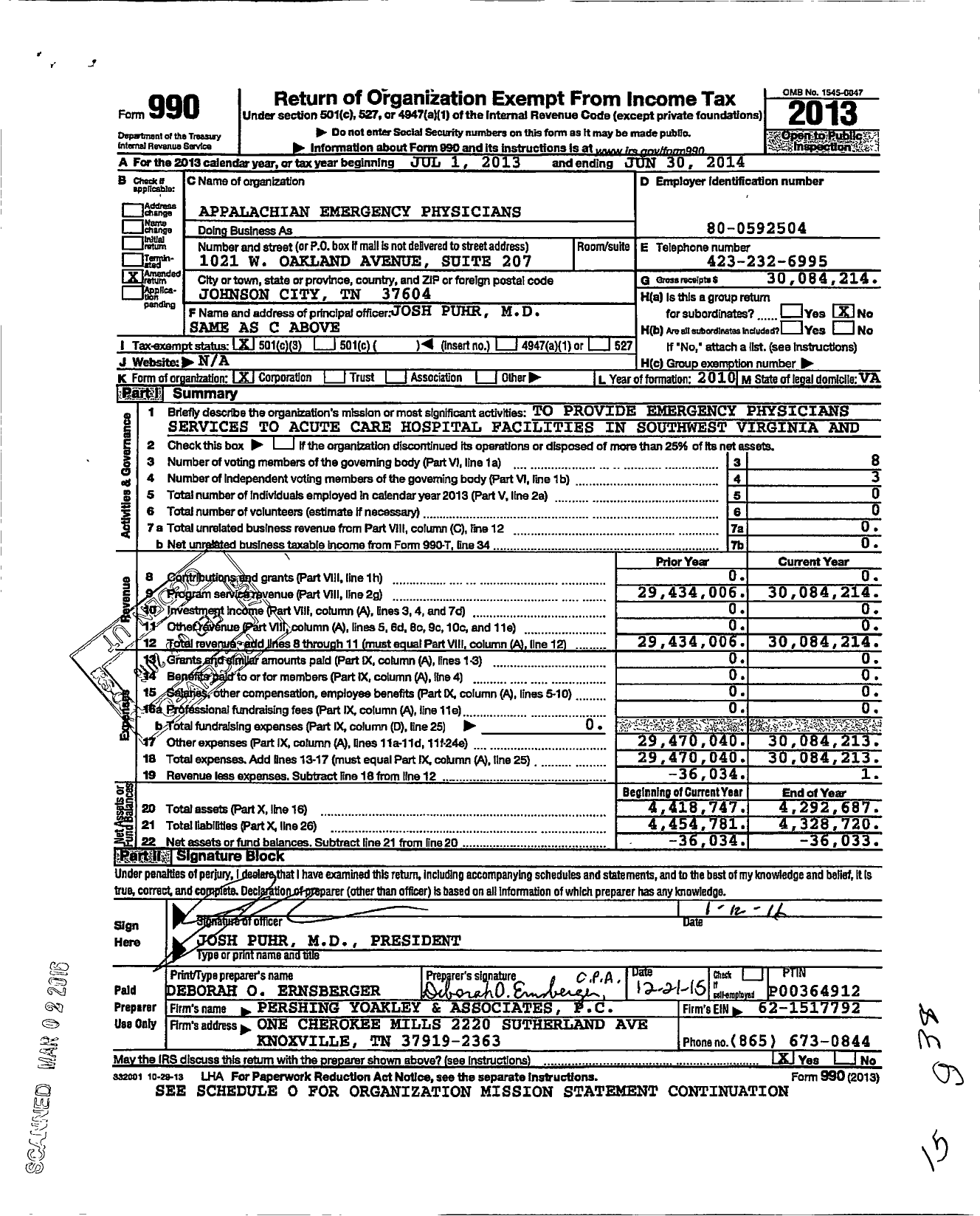 Image of first page of 2013 Form 990 for Appalachian Emergency Physicians