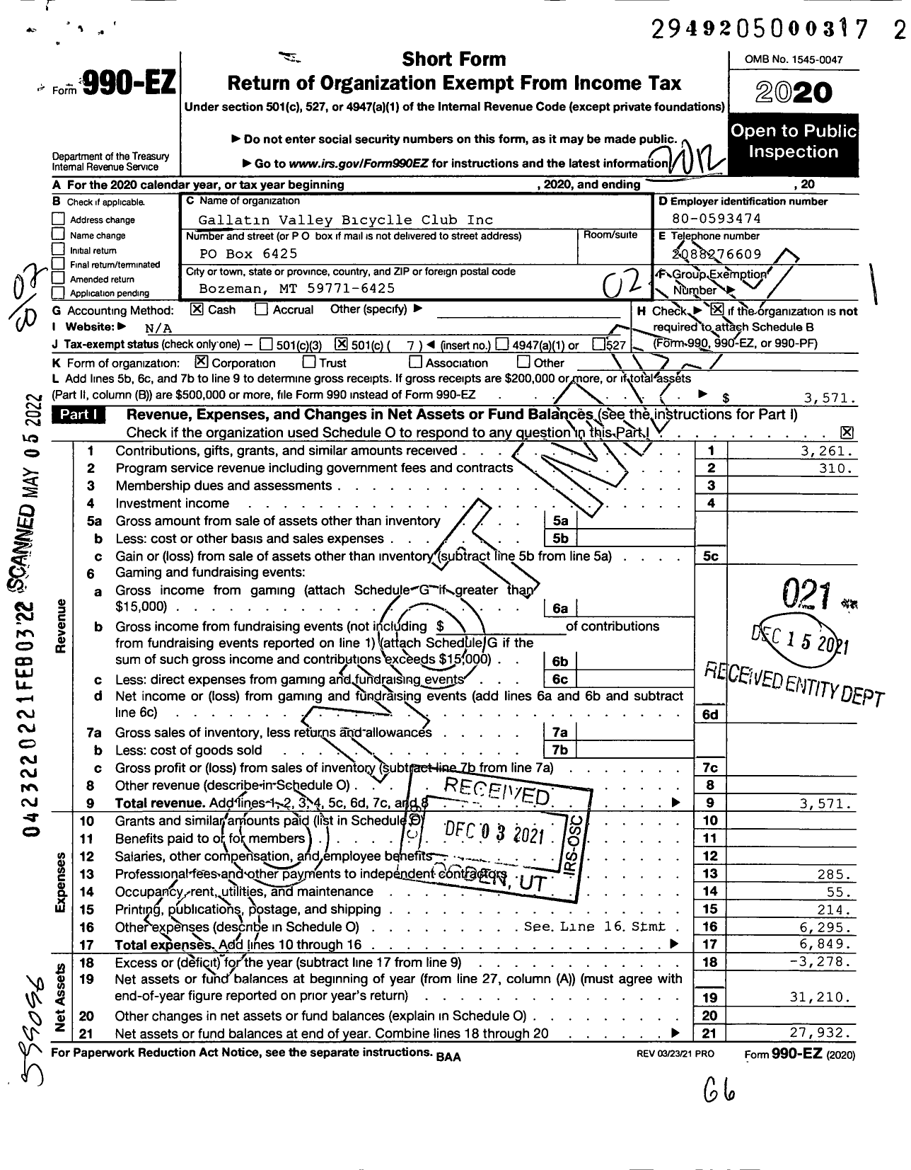 Image of first page of 2020 Form 990EO for Gallatin Valley Bicycle Club