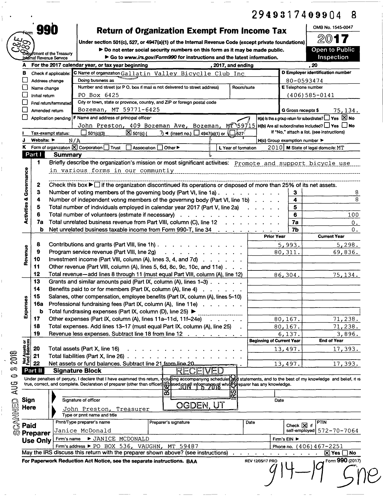 Image of first page of 2017 Form 990O for Gallatin Valley Bicycle Club