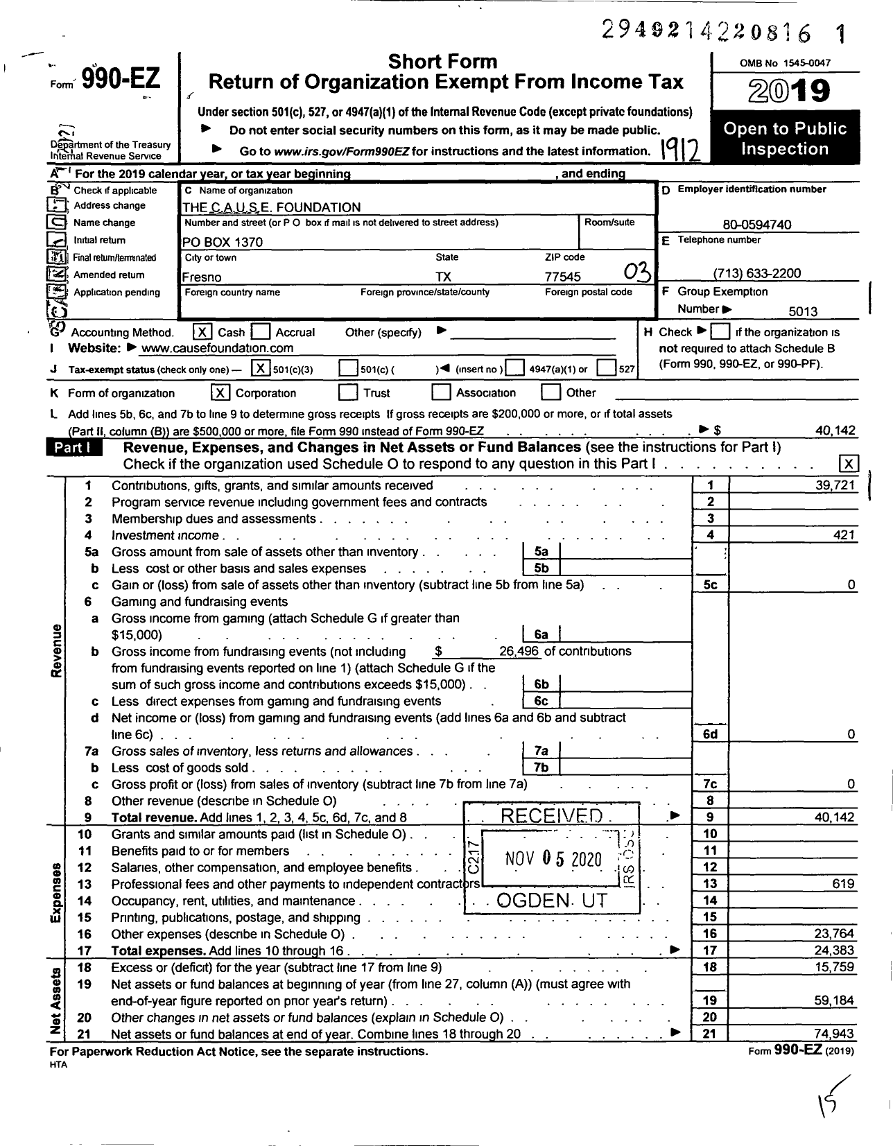 Image of first page of 2019 Form 990EZ for The Cause Foundation