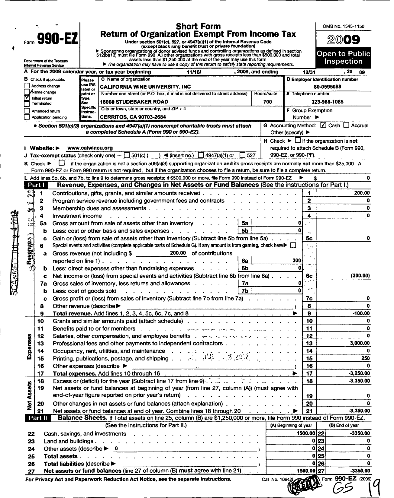 Image of first page of 2009 Form 990EO for California Wine University