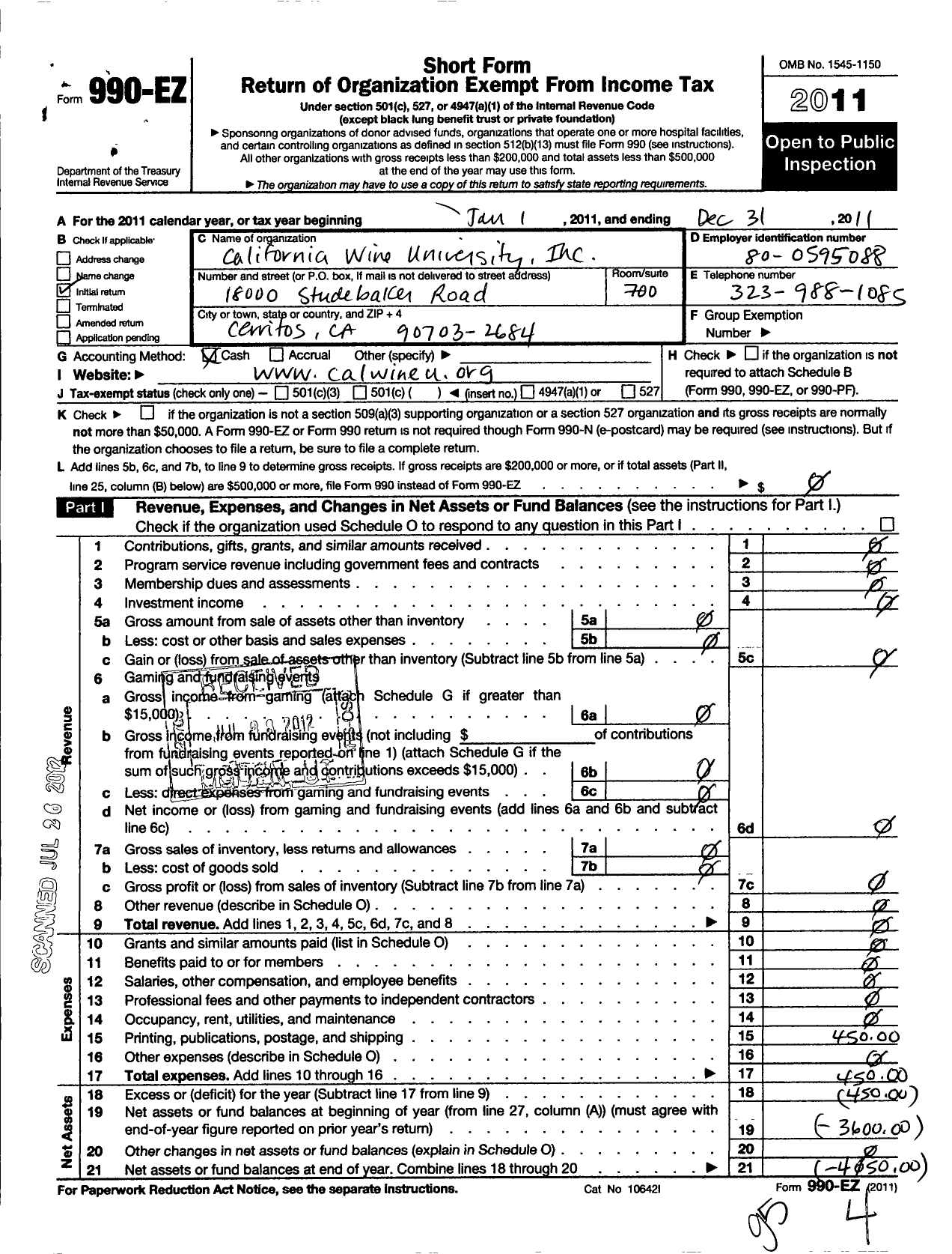 Image of first page of 2011 Form 990EO for California Wine University