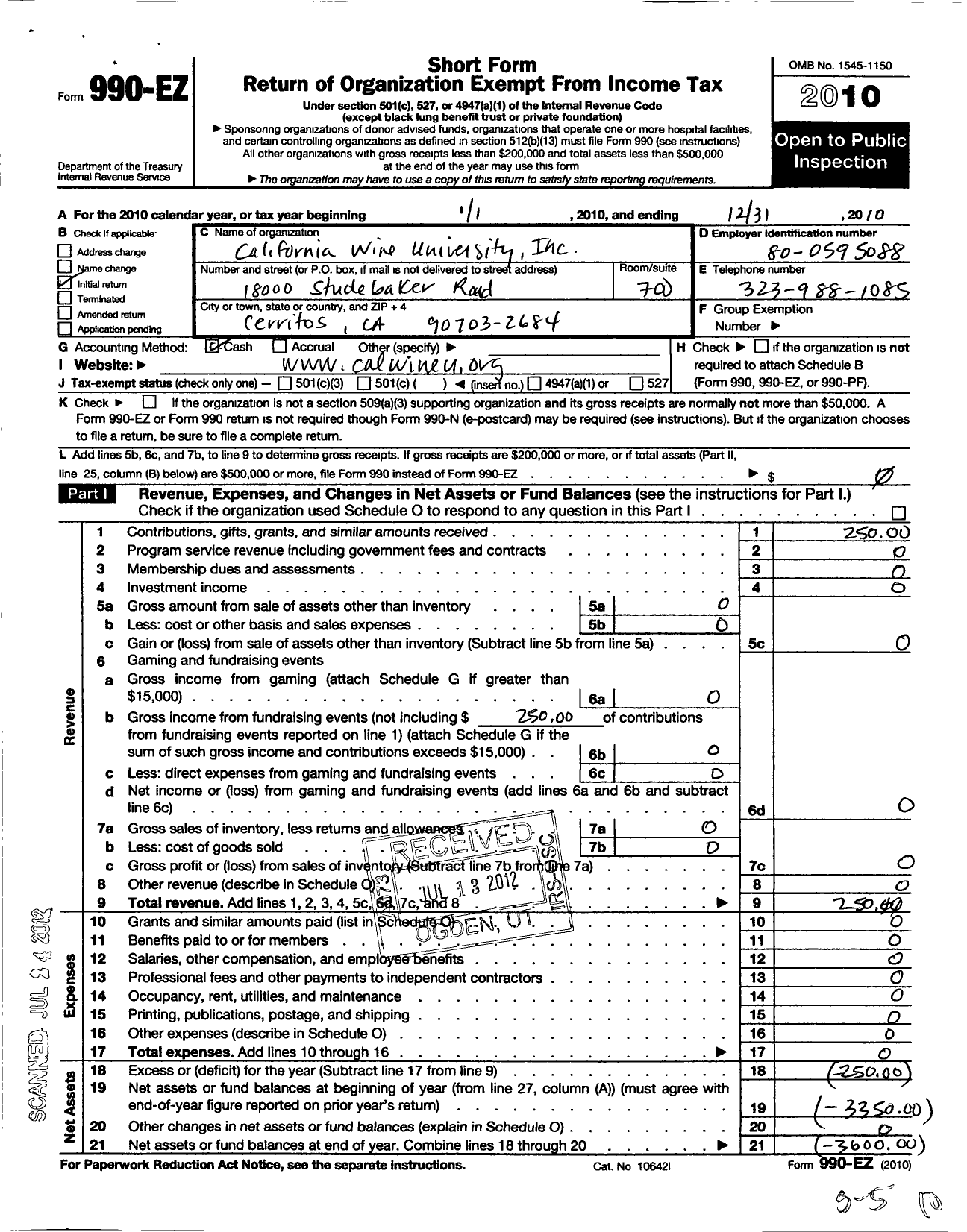 Image of first page of 2010 Form 990EO for California Wine University