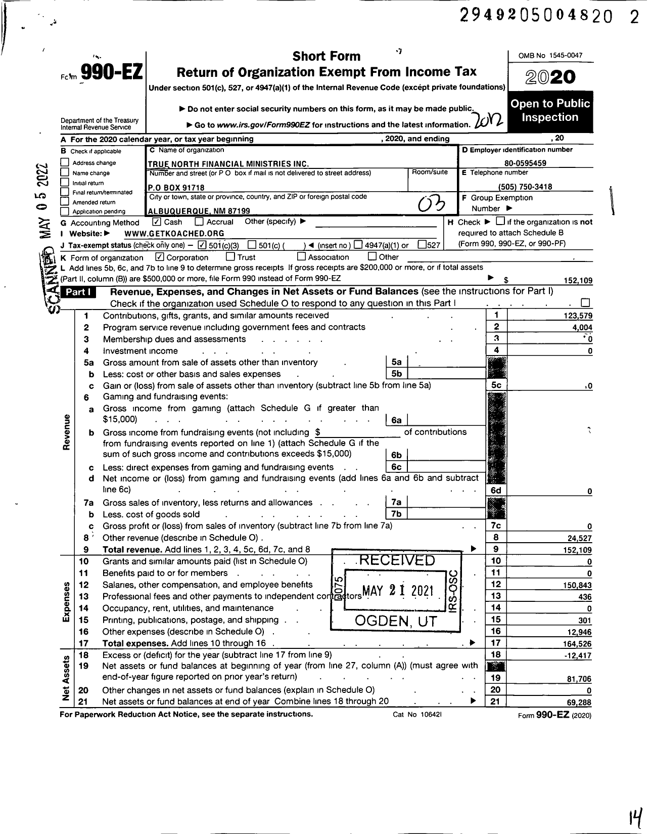 Image of first page of 2020 Form 990EZ for True North Financial Ministries