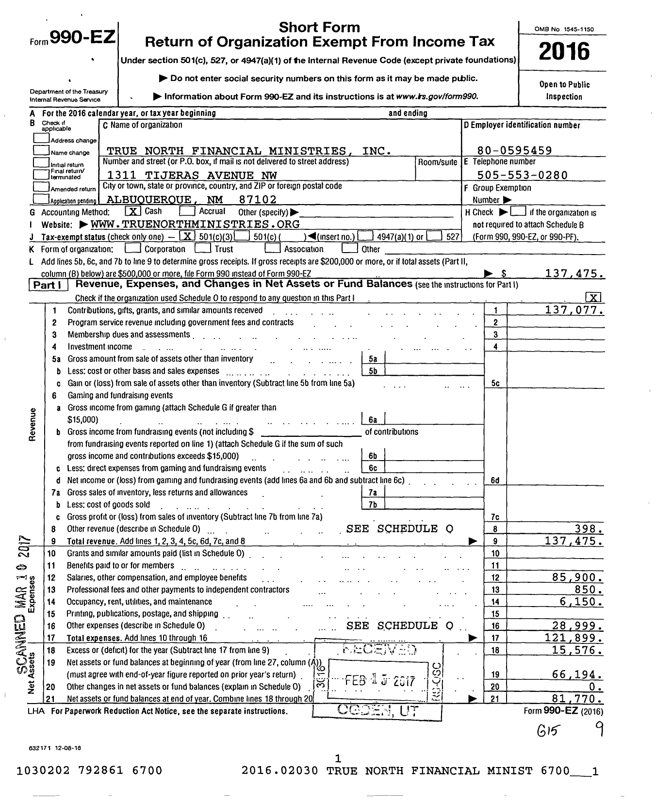 Image of first page of 2016 Form 990EZ for True North Financial Ministries