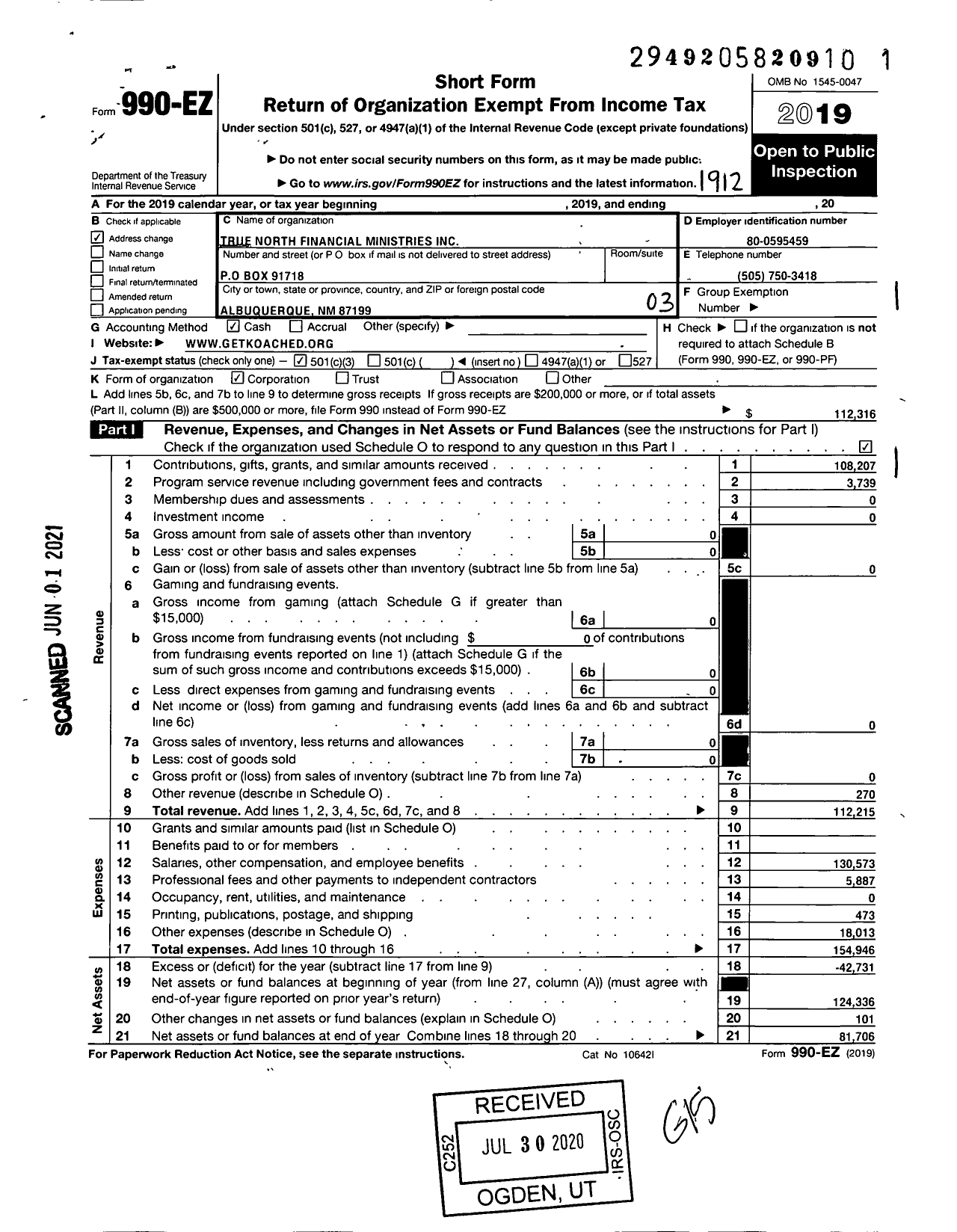 Image of first page of 2019 Form 990EZ for True North Financial Ministries