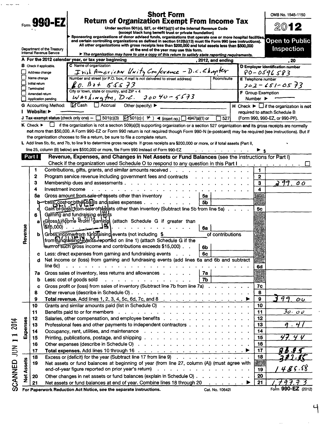 Image of first page of 2012 Form 990EO for Irish American Unity Conference