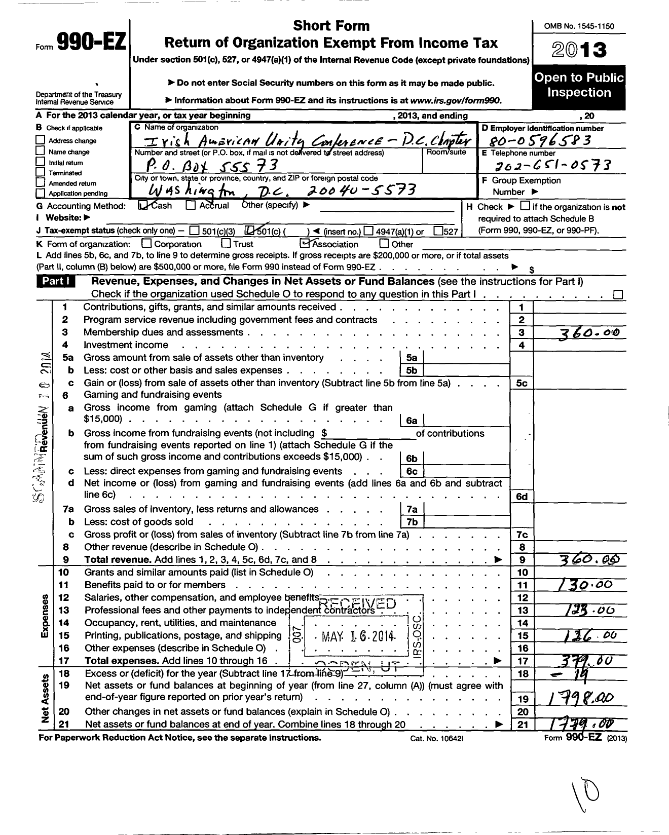 Image of first page of 2013 Form 990EO for Irish American Unity Conference