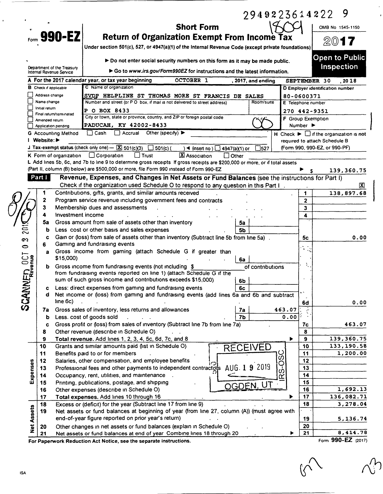 Image of first page of 2017 Form 990EO for Society of ST. Vincent de Paul - SVDP Helpline St Thomas More-St Fra