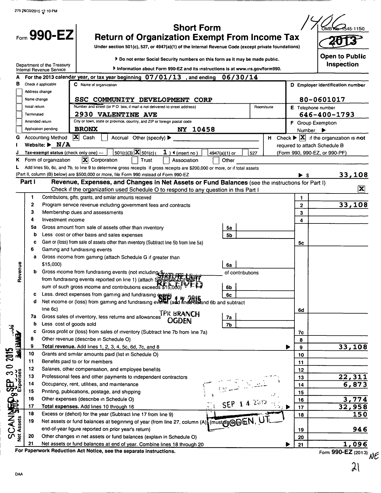 Image of first page of 2013 Form 990EO for SSC Community Development Corporation