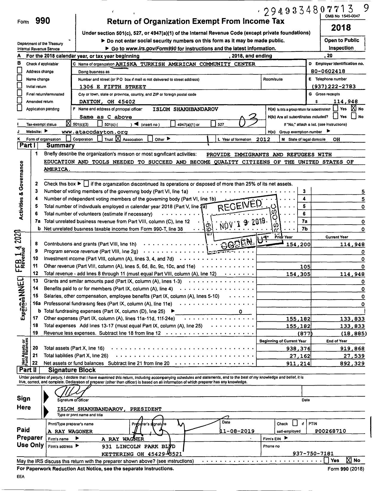 Image of first page of 2018 Form 990 for Ahiska Turkish American Community Center