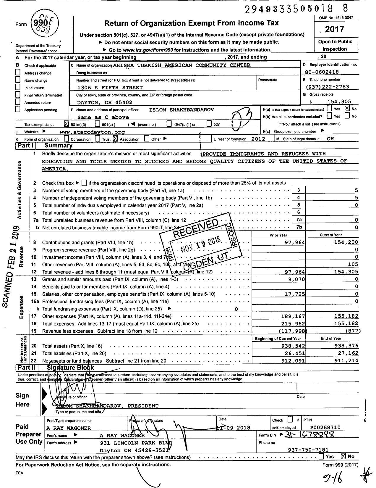 Image of first page of 2017 Form 990 for Ahiska Turkish American Community Center