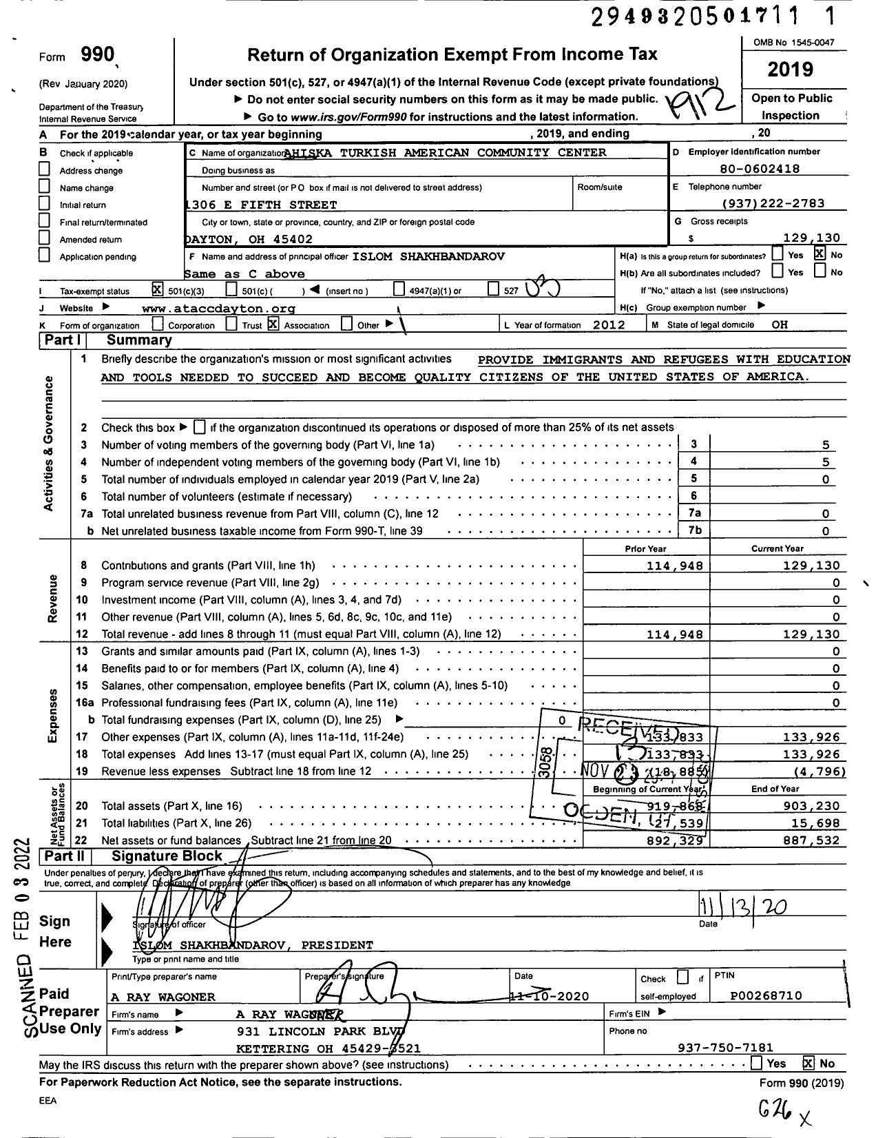 Image of first page of 2019 Form 990 for Ahiska Turkish American Community Center