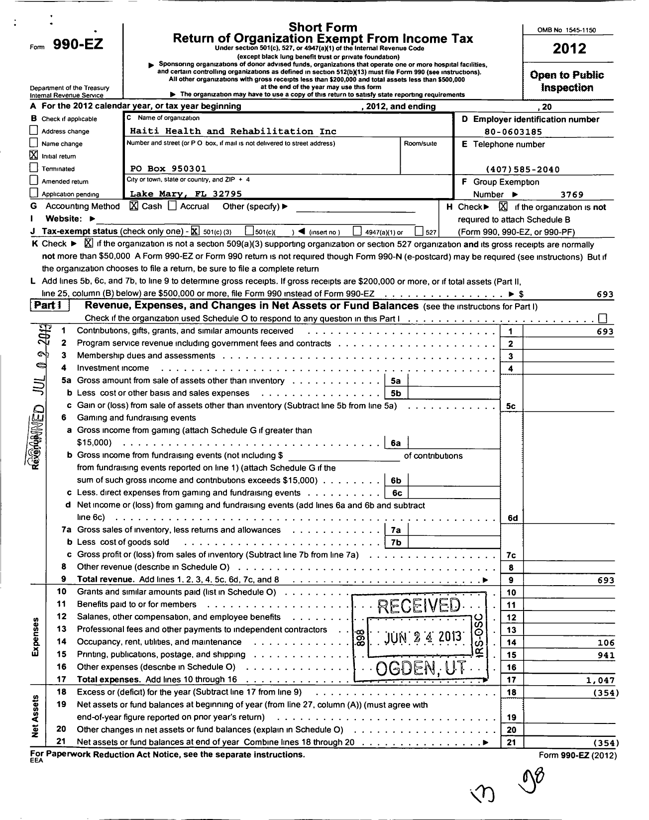 Image of first page of 2012 Form 990EZ for Haite Health and Rehabilitationinc