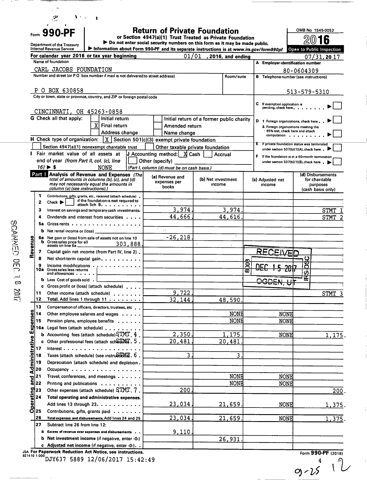 Image of first page of 2016 Form 990PF for Carl Jacobs Foundation