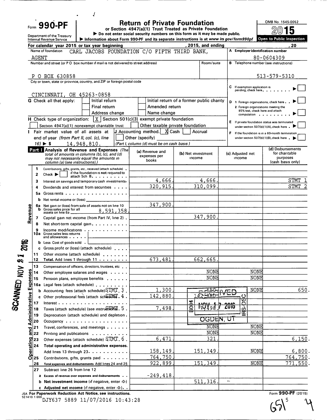 Image of first page of 2015 Form 990PF for Carl Jacobs Foundation