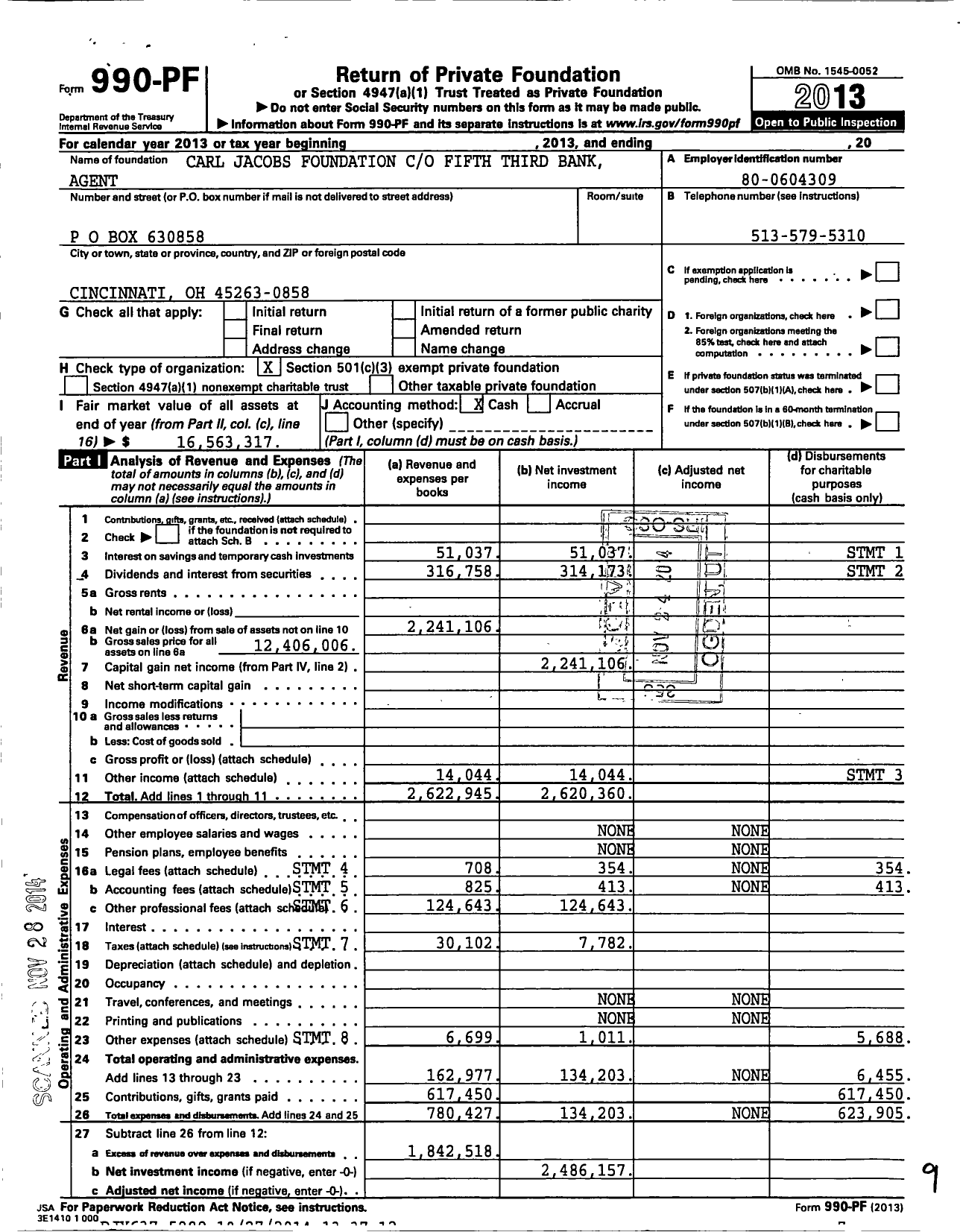 Image of first page of 2013 Form 990PF for Carl Jacobs Foundation